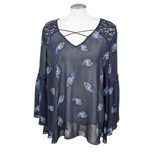 Womens Plus Size 22 Sheer Blouse Top Black Blue Bell Sleeve Lace Cross Front